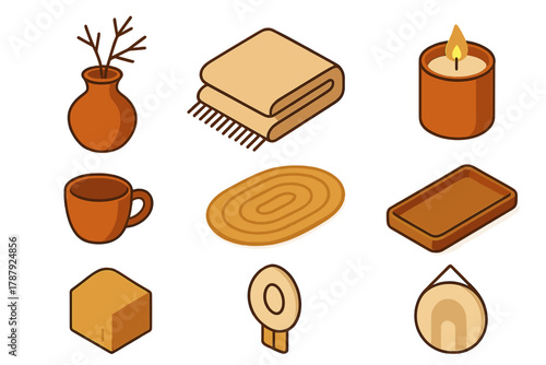 Minimalist Home Decor. Earthy Comfort modern flat icon set: terracotta vase, dried branch, wool throw, clay cup, jute rug, wooden tray, warm candlelight, neutral wall decor.