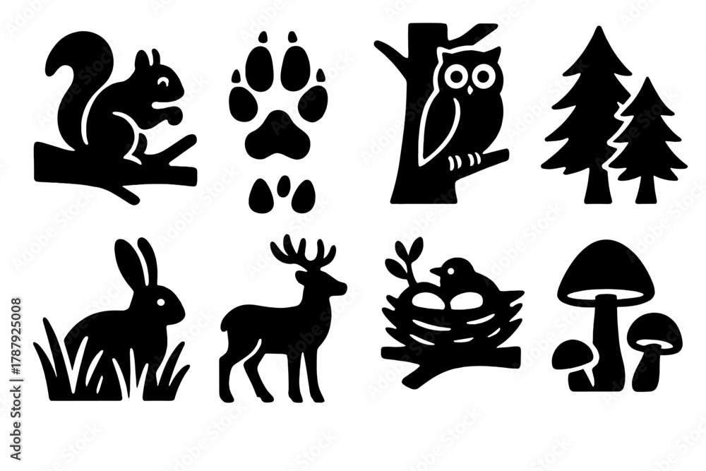 Naklejka premium Forest Icon Set. Peaceful Forest Scene bold vector icon set: squirrel on branch, fox tracks, owl on tree, rabbit in grass, deer silhouette, bird nest, pine trees, mushrooms.