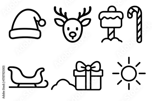 North Pole Icons. North Pole Magic outline icon set: Santa hat, reindeer face, snow-covered signpost, candy stripes, sleigh silhouette, snowdrift, gift ribbon, glowing light.