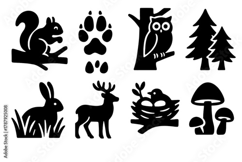 Forest Icon Set. Peaceful Forest Scene bold vector icon set: squirrel on branch, fox tracks, owl on tree, rabbit in grass, deer silhouette, bird nest, pine trees, mushrooms.