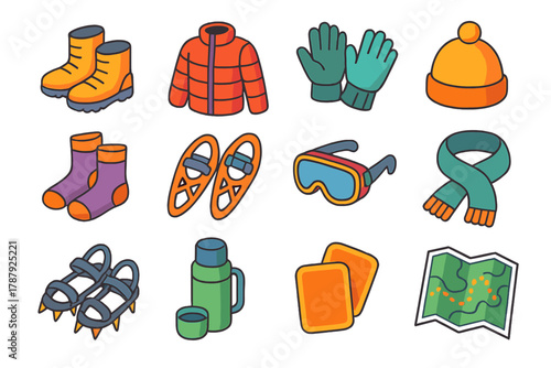 Winter Gear Essentials. Winter Gear Check modern flat icon set: snow boots, insulated jacket, gloves, beanie, thermal socks, snowshoes, goggles, scarf, ice cleats, hot drink flask,