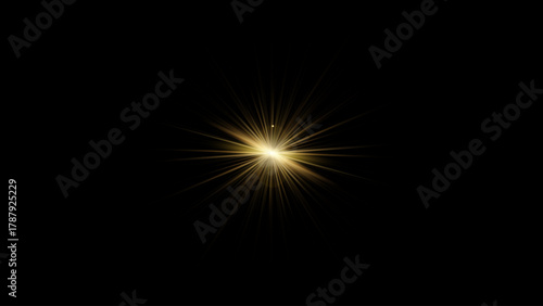 Minimal flat golden star with soft rays, subtle flares and light glow on a black background. Ideal for overlays and lens flare designs.