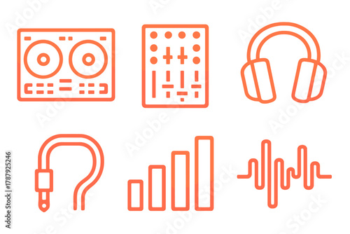 Brutalist DJ Icons. Modern DJ Station bold vector icon set: dual decks, mixer board, headphone, cable, equalizer, neon glow.