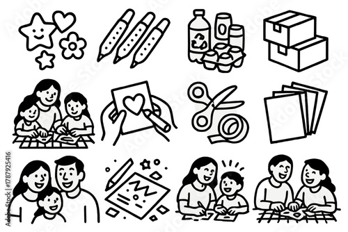 Family Crafting Joy. Weekend Craft Fun outline icon set: stickers, glitter pens, recycled materials, cardboard boxes, handmade cards, scissors and tape, family smiles, tablecloth