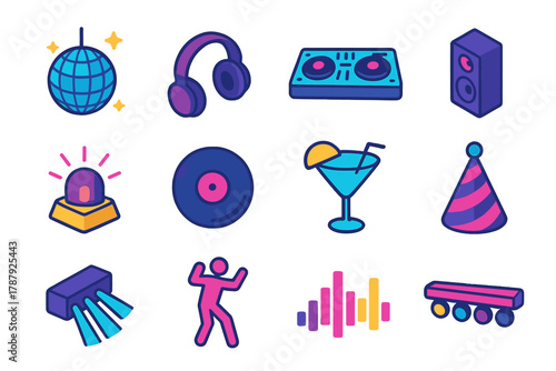 Party Essentials Icons. Dance Floor modern flat icon set: disco ball, headphones, DJ console, speaker, strobe light, vinyl record, cocktail glass, party hat, laser beam, dancer
