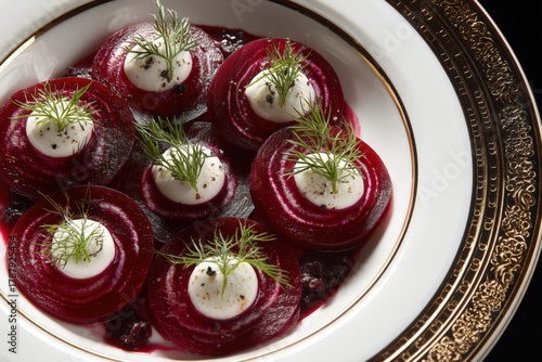 Exquisite gourmet beetroot dish with creamy cheese, delicate dill sprigs, showcasing artistic culinary presentation and vibrant color contrast on an ornate platter