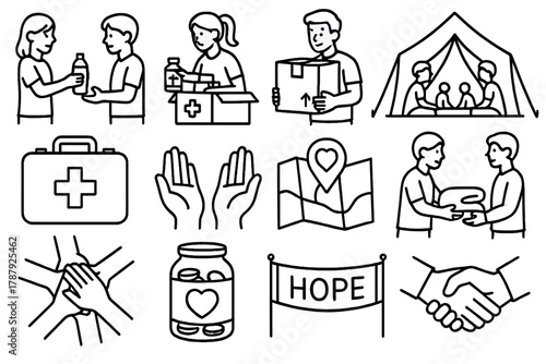 Volunteers Distributing Aid. Humanitarian Aid outline icon set: young volunteers distributing water, packing medical supplies, carrying relief boxes, youth shelter tent, first aid