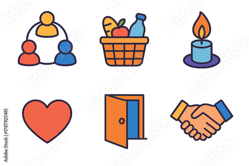 Community Icons Collection. Neighborhood Connection modern flat icon set: people circle, basket of goods, candle flame, open door, heart, handshake.