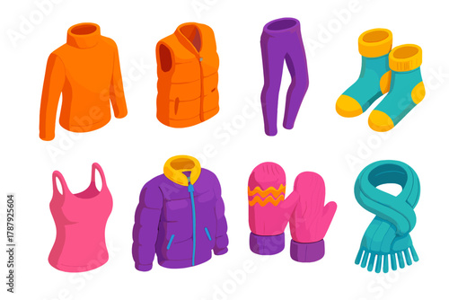 Stylish Winter Icons. Stylish Winter Layers modern flat icon set: turtleneck, quilted vest, wool tights, thick socks, fitted undershirt, padded jacket, knitted mittens, cable scarf