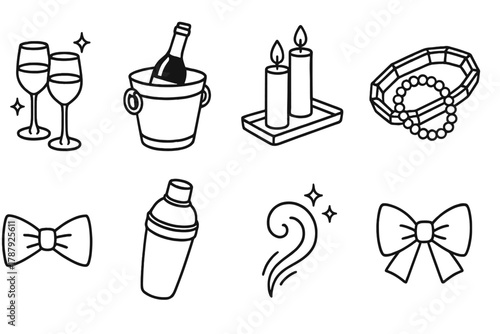 Elegant Celebration Icons. Elegant Celebration Set outline icon set: wine glasses, bottle in ice bucket, candles, crystal tray, pearl necklace, glitter swirl, bow tie, cocktail