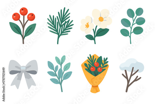 Winter Floral Icons. Winter Bouquets modern flat icon set: red berries, pine needles, soft white flowers, eucalyptus sprigs, silver bow, frosted leaves, bouquet wrap, snowy detail.