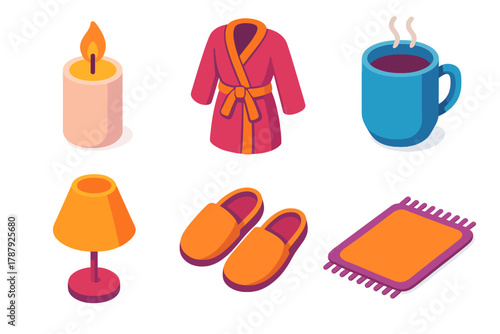 Evening Comfort Icons. Evening Comfort modern flat icon set: candle, robe, mug, dim light, slippers, soft rug.
