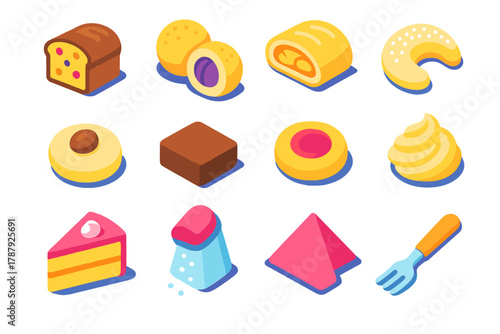 Isometric Dessert Icons. Traditional Desserts modern flat icon set: fruit bread, plum dumpling, apple strudel, vanilla crescent, hazelnut cookie, chocolate square, jam thumbprint,