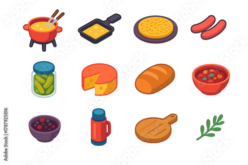 Alpine Cuisine Icons. Alpine Winter Cuisine modern flat icon set: fondue pot, raclette pan, potato rösti, sausages, pickles jar, cheese wheel, bread loaf, stew bowl, berry compote,