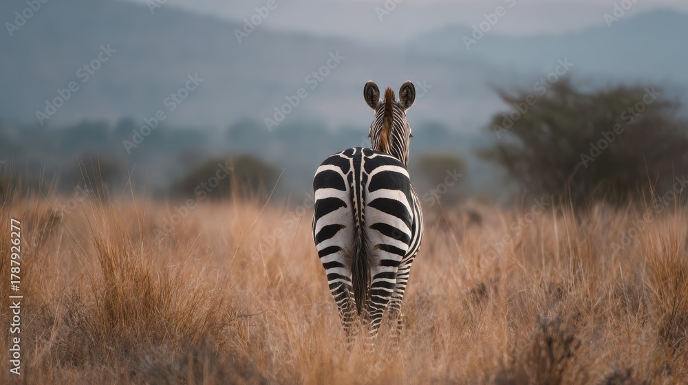 Fototapeta premium A zebra viewed from the rear on grass in Tsavo East National Park during a safari