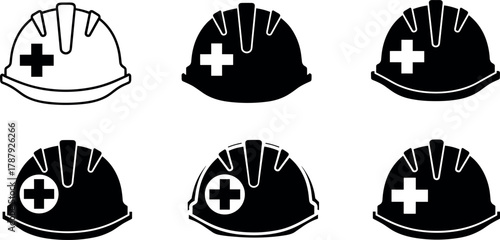 Hard hat icon set with safety cross, black and white helmet illustration, emergency and construction concept, vector protective gear design, industrial symbol graphic