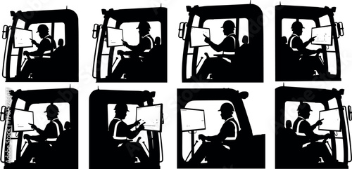 Heavy machinery operator silhouette set, touchscreen cabin interaction illustration, construction technology concept, vector industrial control scene, black and white graphic