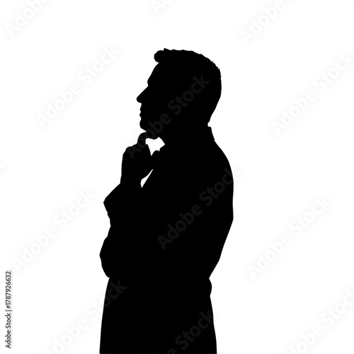 The Thinker in Shadow

A silhouette of a man in a suit, slightly leaning forward with one hand under his chin, as if in thought. The pure white background highlights the dark figure, creating a striki