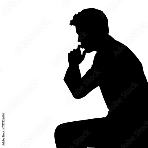 The Thinker in Shadow

A silhouette of a man in a suit, slightly leaning forward with one hand under his chin, as if in thought. The pure white background highlights the dark figure, creating a striki