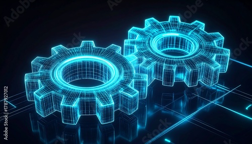 Blue Digital Gear System Depicting Artificial Intelligence Innovation and Industrial Transformation