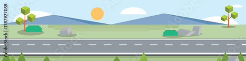 Landscape banner background of long stretch of asphalt road. Geometric appearance environment. Background of mountain under blue sky and sun.