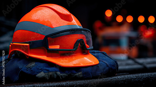 High visibility orange safety helmet with protective goggles and wet work glove on gritty construction surface backlit by blurred warning lights, conveying ruggedness and readiness for labor