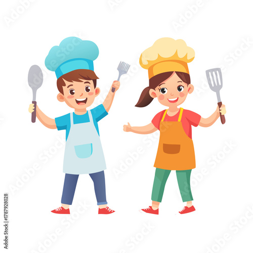 Young Aspiring Children Chefs Explore Culinary Delights, Wielding Spatulas And Aprons. Kids Characters in Culinary
