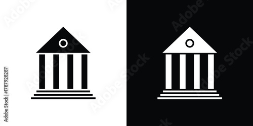 Bank icon in solid silhouette set. Vector Illustration.