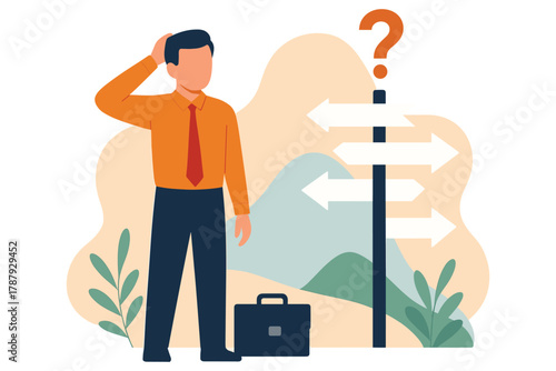 Businessman standing near signpost with many direction arrows feeling confused and thinking, flat vector illustration