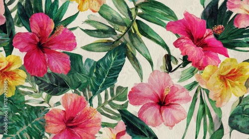 Wallpaper Mural Watercolor painting showcases a dense pattern of vibrant tropical flowers and lush foliage on a light background. Torontodigital.ca