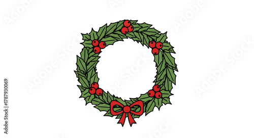 Festive Holly Wreath with Red Berries and Bow.