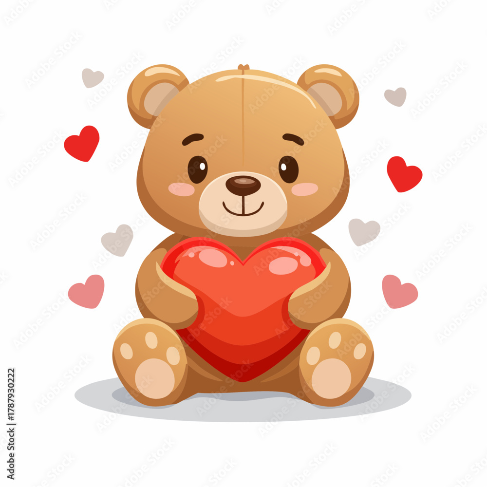 Obraz premium Teddy Bear's Heartfelt Hug: A charming teddy bear, cradling a bright red heart, radiates affection and warmth amidst floating hearts, perfect for conveying love and joy.