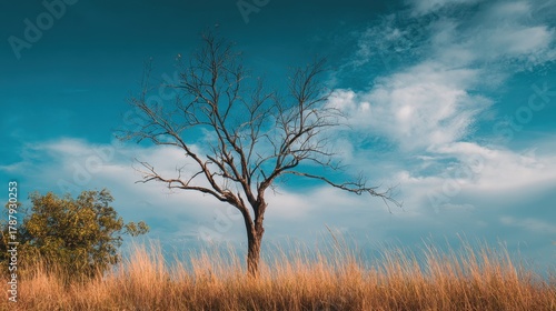 Wallpaper Mural Barren tree among lush greenery and tall grasses set against a cloudy sky nature theme Torontodigital.ca