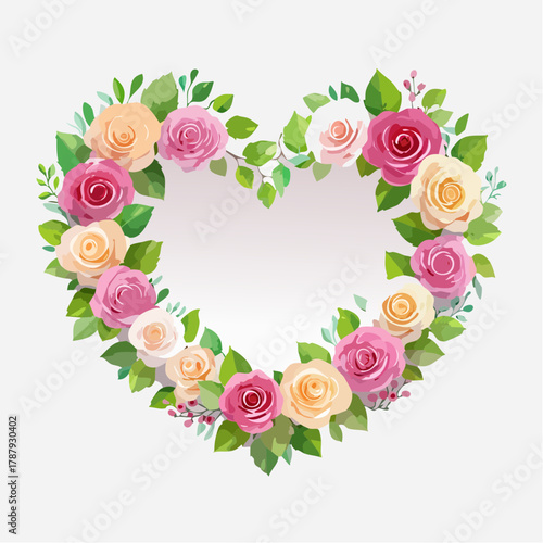 Floral Heart: A delicate arrangement of vibrant roses and lush green leaves forms a heart shape, evoking feelings of love and affection.