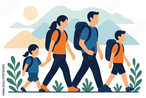 Family hiking together in nature with backpacks and mountains background, flat vector illustration