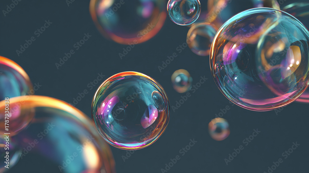 Naklejka premium Playful soap bubbles reflecting light with various colors, floating in the air. Capturing the beauty of the ephemeral and the magic of childhood.