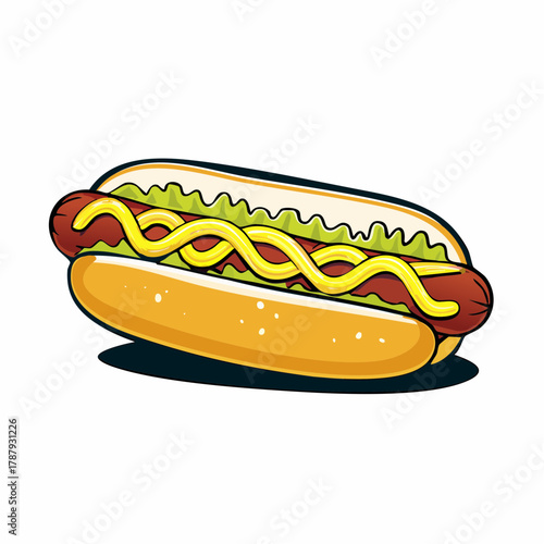 Cartoon hot dog with mustard and lettuce on a white background
