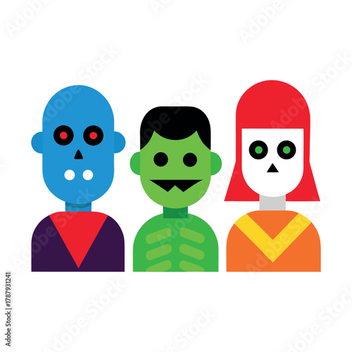 Colorful, cartoonish icons of a mummy, a vampire, a ghost, and a zombie, all on a white background.