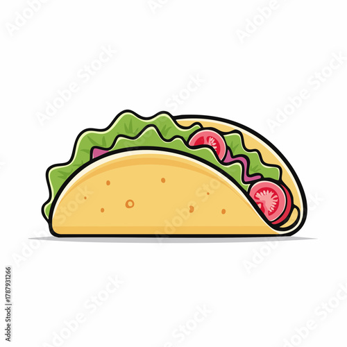 Cartoon taco illustration with lettuce tomatoes and onions isolated on white