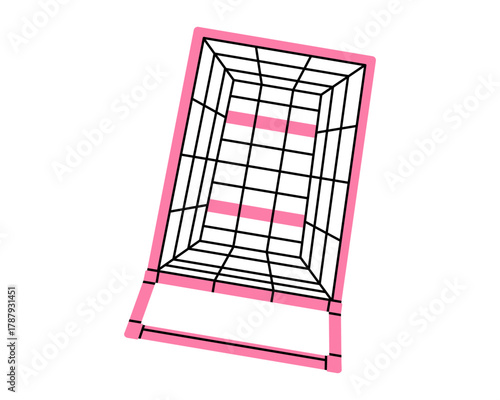 Hand drawn cute illustration of empty shopping cart. Flat vector store purchase container top view sticker doodle style. Grocery market or e-commerce icon with outline. Isolated.