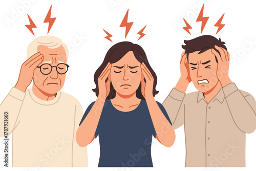 Group of people suffering from headache and stress touching their heads with pain expression showing migraine and discomfort concept flat vector illustration