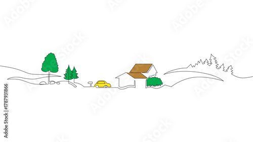 Rural landscape continuous one line vector drawing. Hills, houses, car trip hand drawn silhouette. Country nature panoramic sketch. Village minimalistic contour illustration. Isolated design element