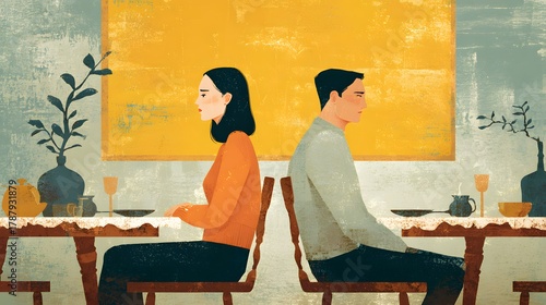 Asian couple sitting back to back at a dinner table symbolizing relationship isolation and conflict illustration