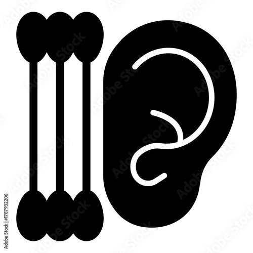 Ear and ear sticks solid icon, body hygiene concept. Vector graphics. Human ear with clean sticks, cleaning sign on white background, style icon mobile or web design.
