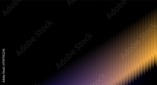 Abstract diagonal light streaks with purple and yellow hues on black background