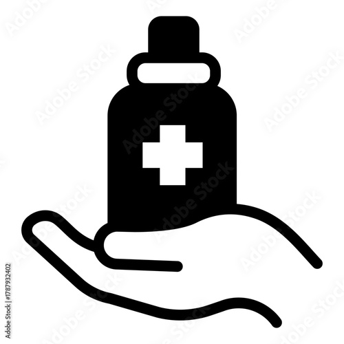 Jar of antiseptic in hand solid icon, body hygiene concept. Vector graphics. Hand sanitizer, antibacterial sign on white background, style icon mobile or web design.