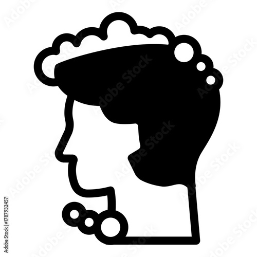 Man head hair with foam solid icon, body hygiene concept. Vector graphics. Guy with soapy shampoo foam, head washing sign on white background, style icon mobile or web design.