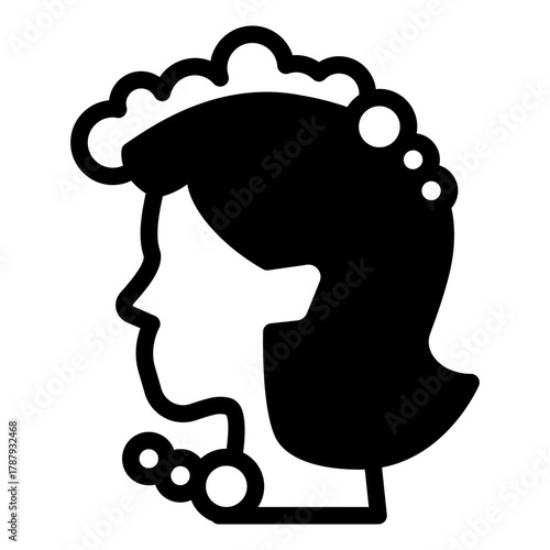 Woman head hair with foam solid icon, body hygiene concept. Vector graphics. Girl with soapy shampoo foam, head washing sign on white background, style icon mobile or web design.