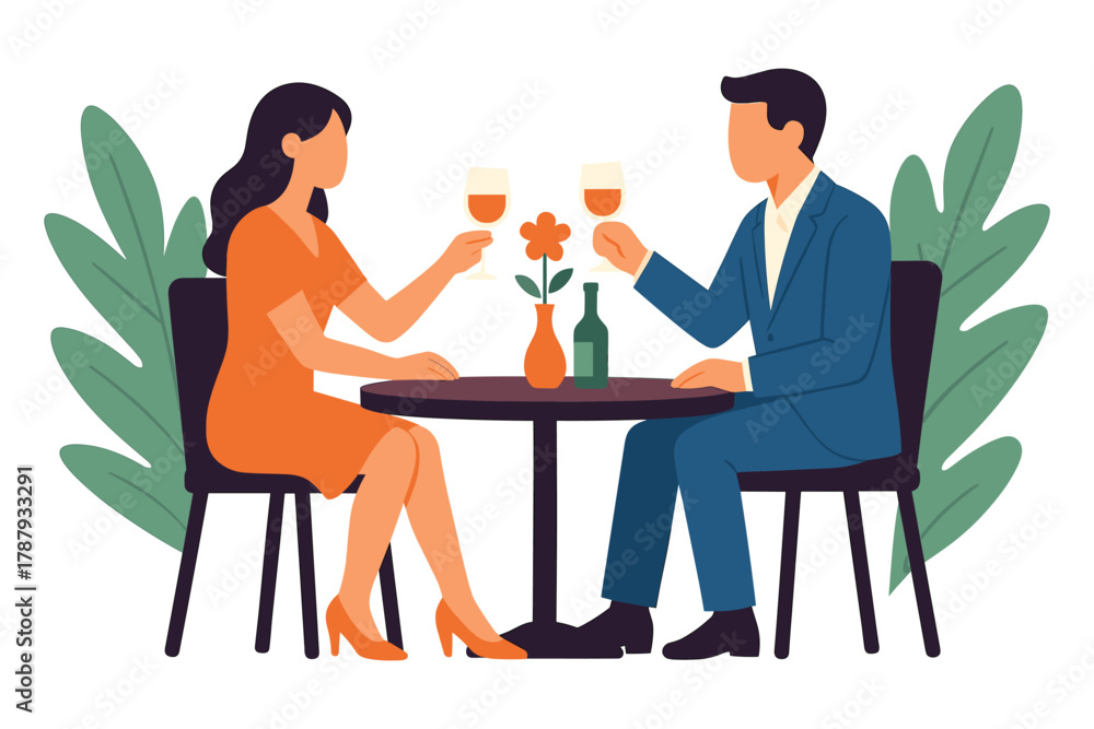 Fototapeta premium Man and woman sitting at restaurant table enjoying dinner and drinks together, flat vector illustration