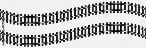 Set of railroad segments. Rail road elements top view. Train track straight and waved lines, circle and oval frames isolated on white background. Fence or stairs texture. Vector graphic illustration